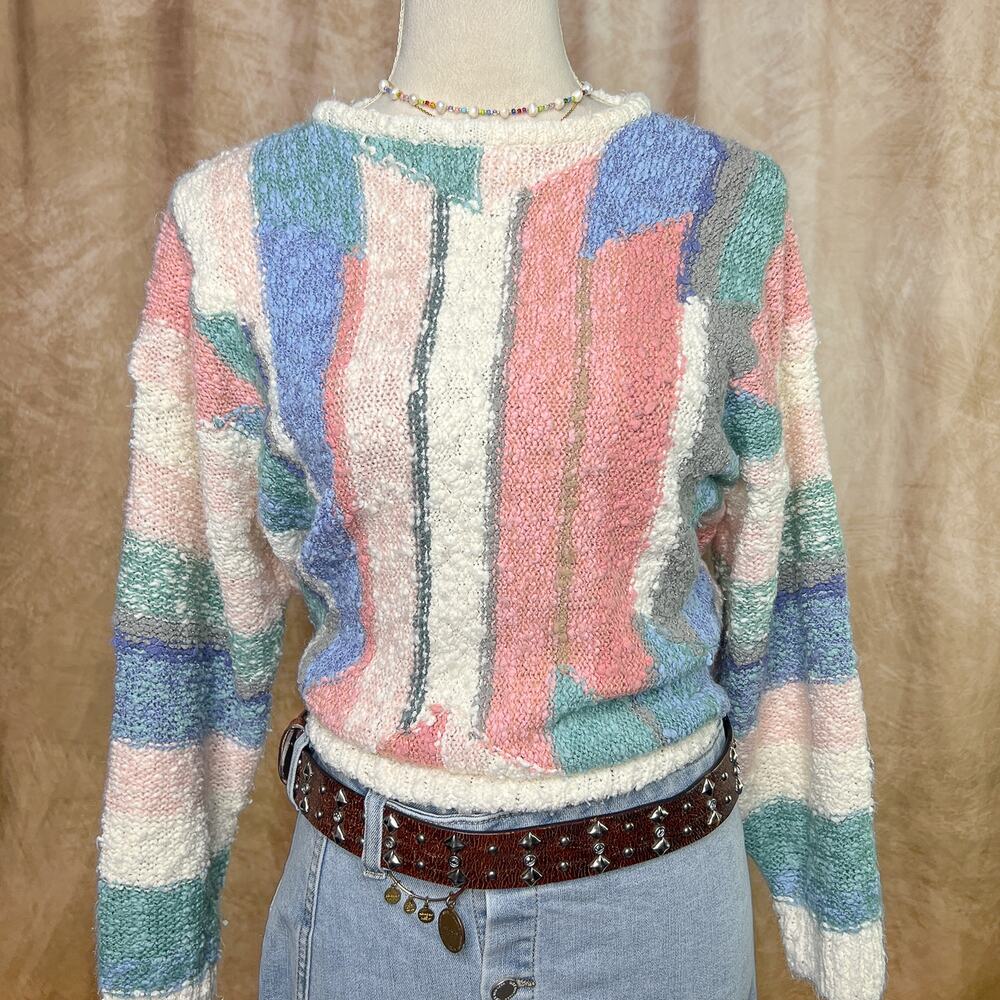 Vintage 90s Color Block Pastel Knit Sweater Multicolor Geometric Striped Retro